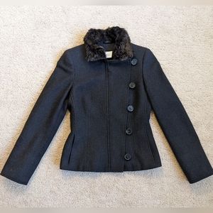 Akris Punto Fox Fur Collar 100% Wool Button Dark Grey Blazer Sz 36